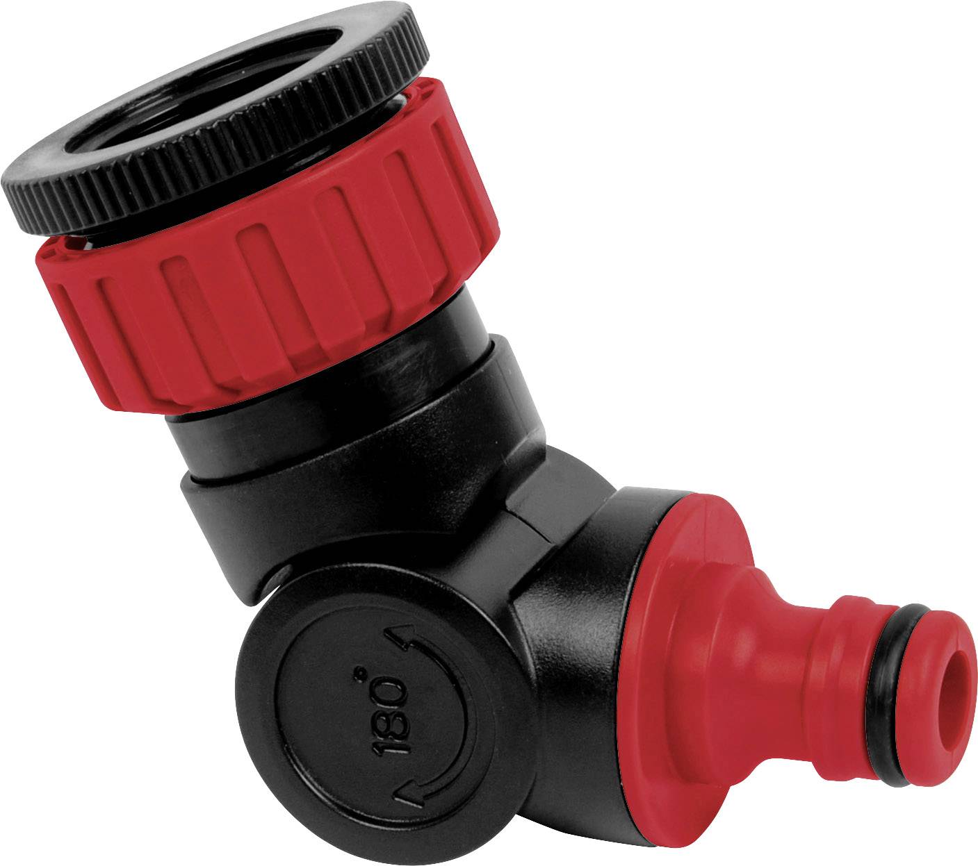 Black angle adapter with red twist locks, 180-degree labelling, for hose connections in garden irrigation.