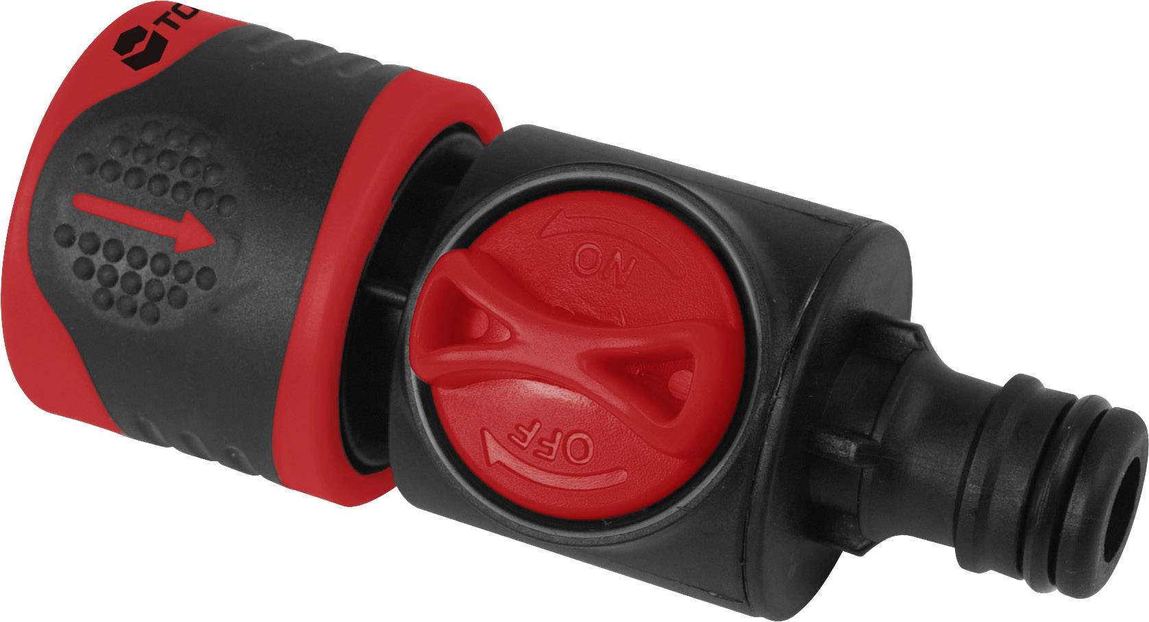 A black and red hose connector with a rotary valve for water flow control.