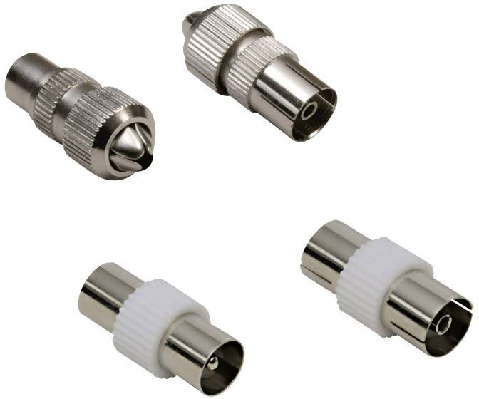 Four silver coaxial connectors on a white background, two of which have a white plastic ring. They are used for connecting antenna cables.