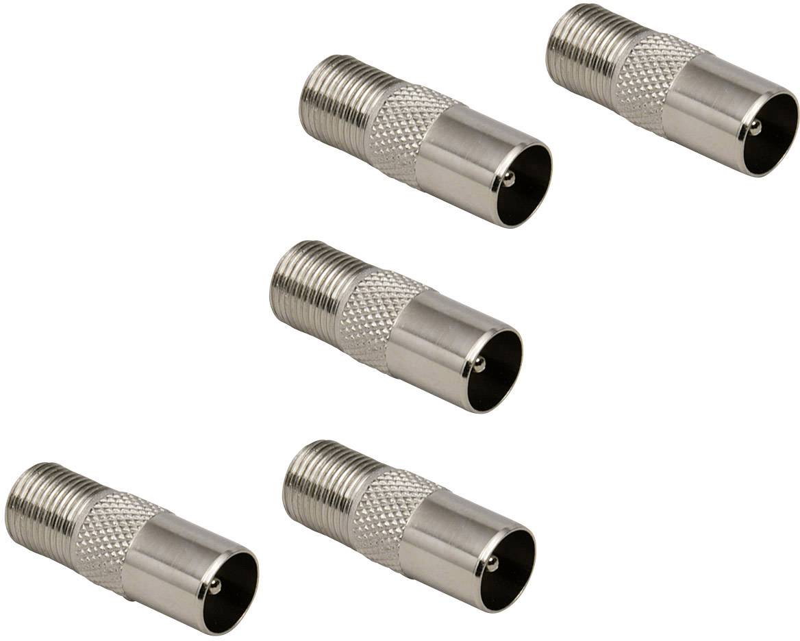 Five silver antenna adapters side by side, with a ribbed surface for better grip, typical of television or radio cable connections.