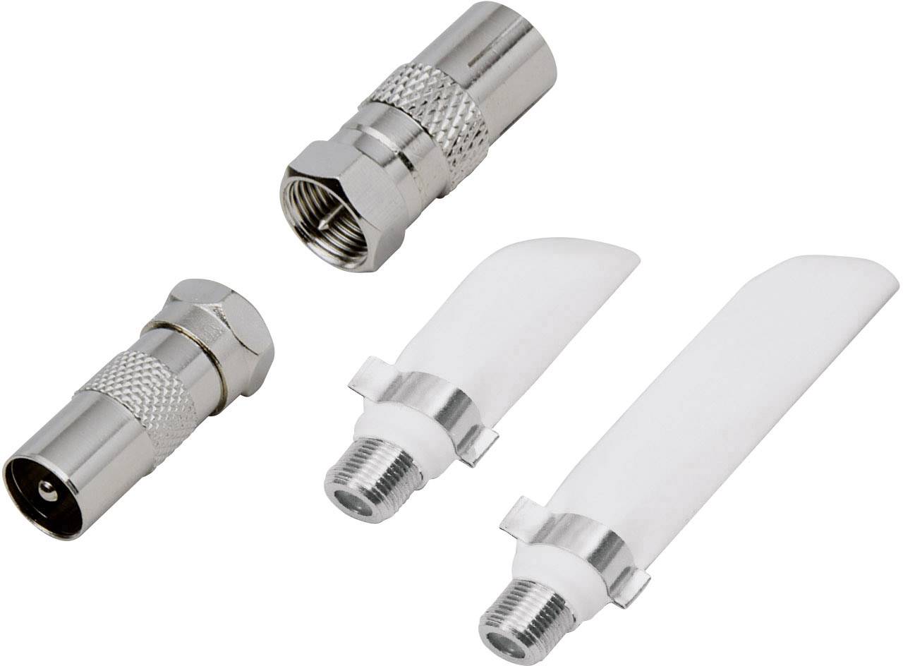 Four metal coaxial adapters: Two with knurled caps and two with white plastic covers.