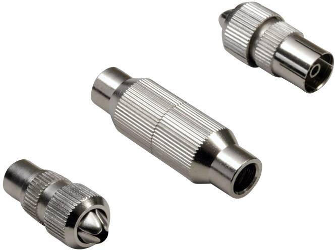 Three coaxial plugs in silver, symmetrically arranged. The central plug has a smooth, cylindrical design with a ribbed central section.