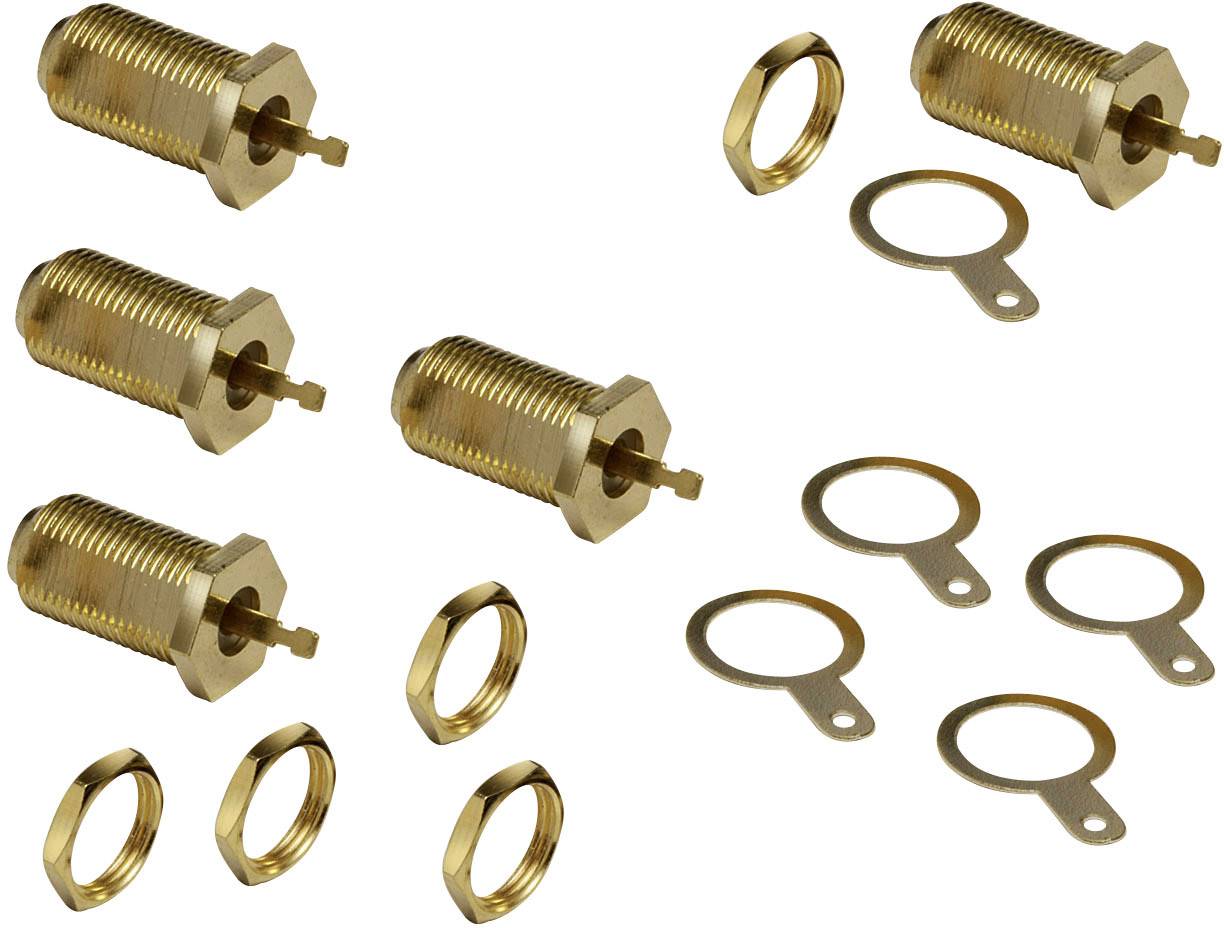 Four golden, cylindrical connectors with corresponding accessories such as nuts and seals. Used for installation in electronic devices.