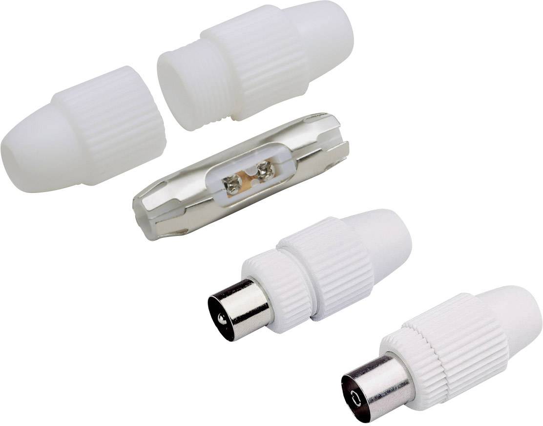 White coaxial plug adapter, dismantled into individual parts: cover, connector and internal mechanism, showing structure and connection.