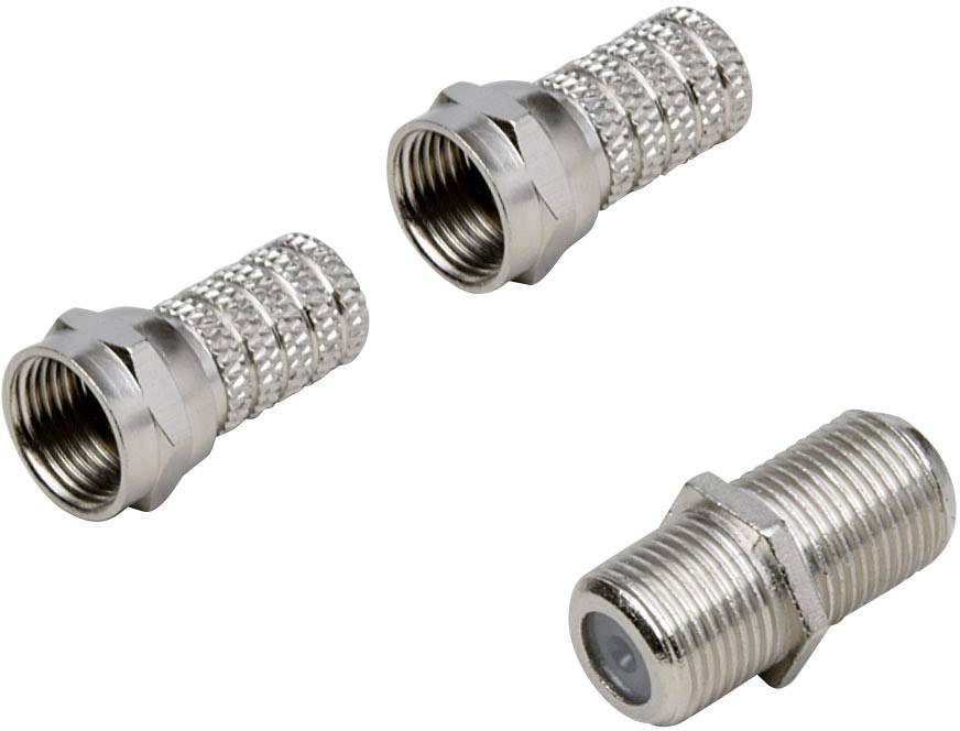 Three silver coaxial cable connectors: two straight and one angled. They are used to connect cables to devices.