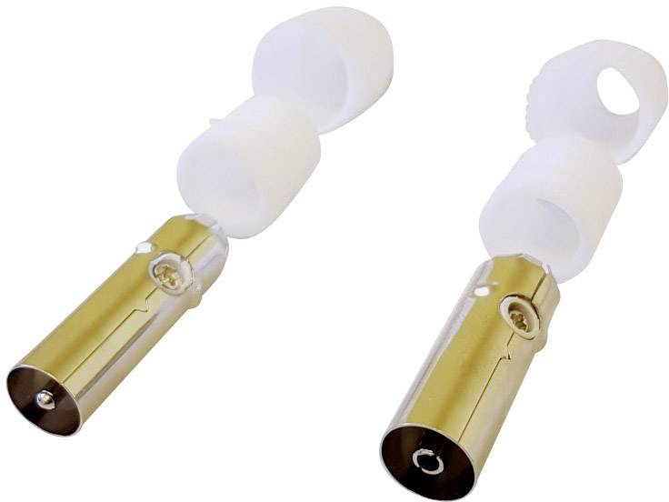 Two coaxial adapters, one with a male plug to female socket, both with golden metal ends and white plastic housings.