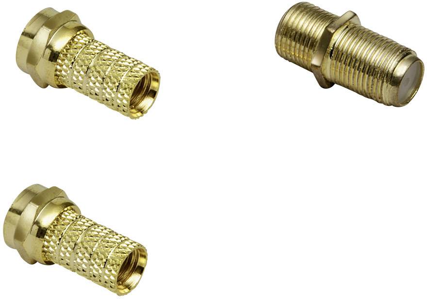 Two F-connectors and a metal F-connector adapter on a white background. They are suitable for connecting coaxial cables.