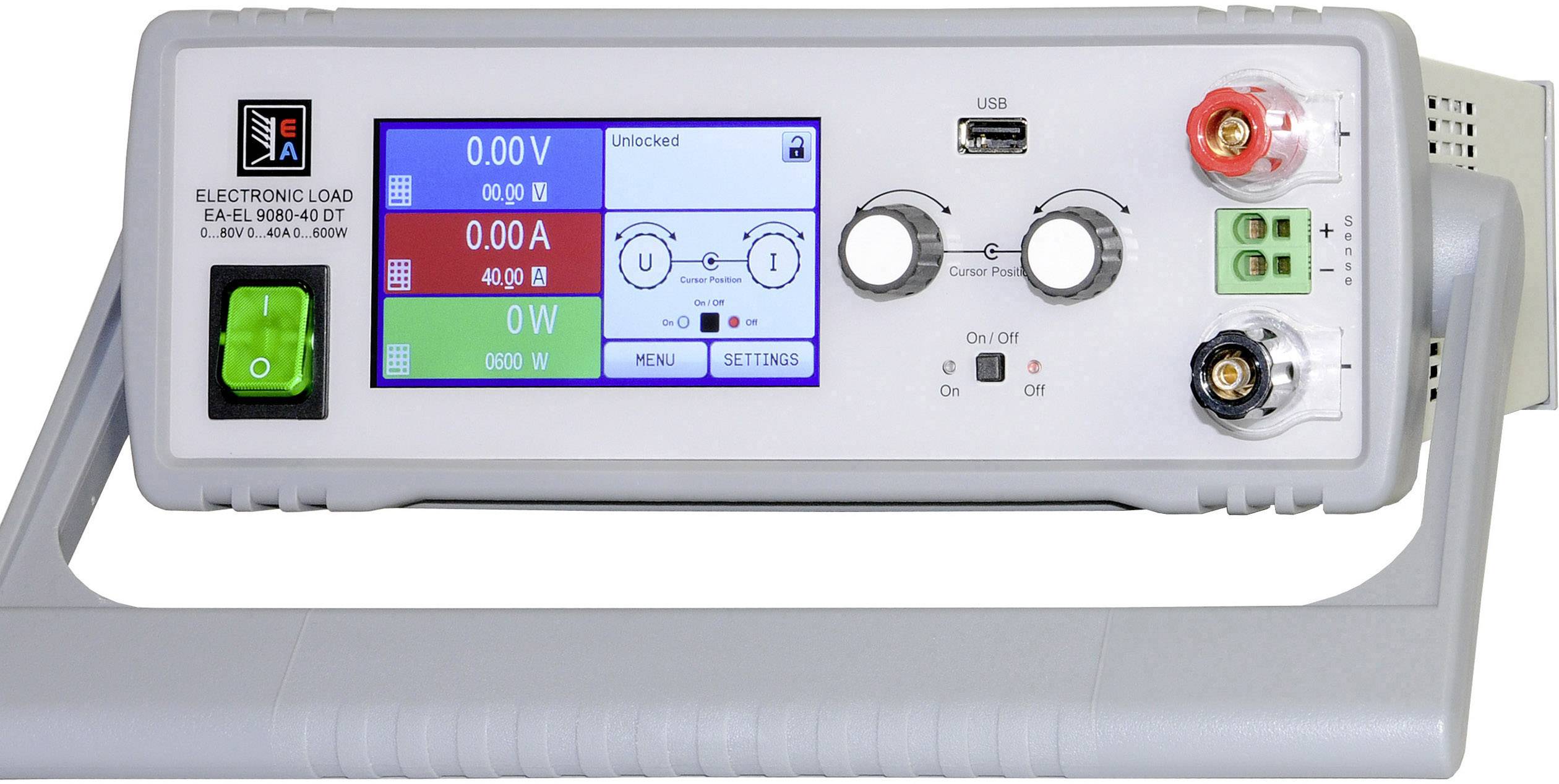 Electronic load with digital display shows voltages, currents, and power. Controls and connections are located at the front.