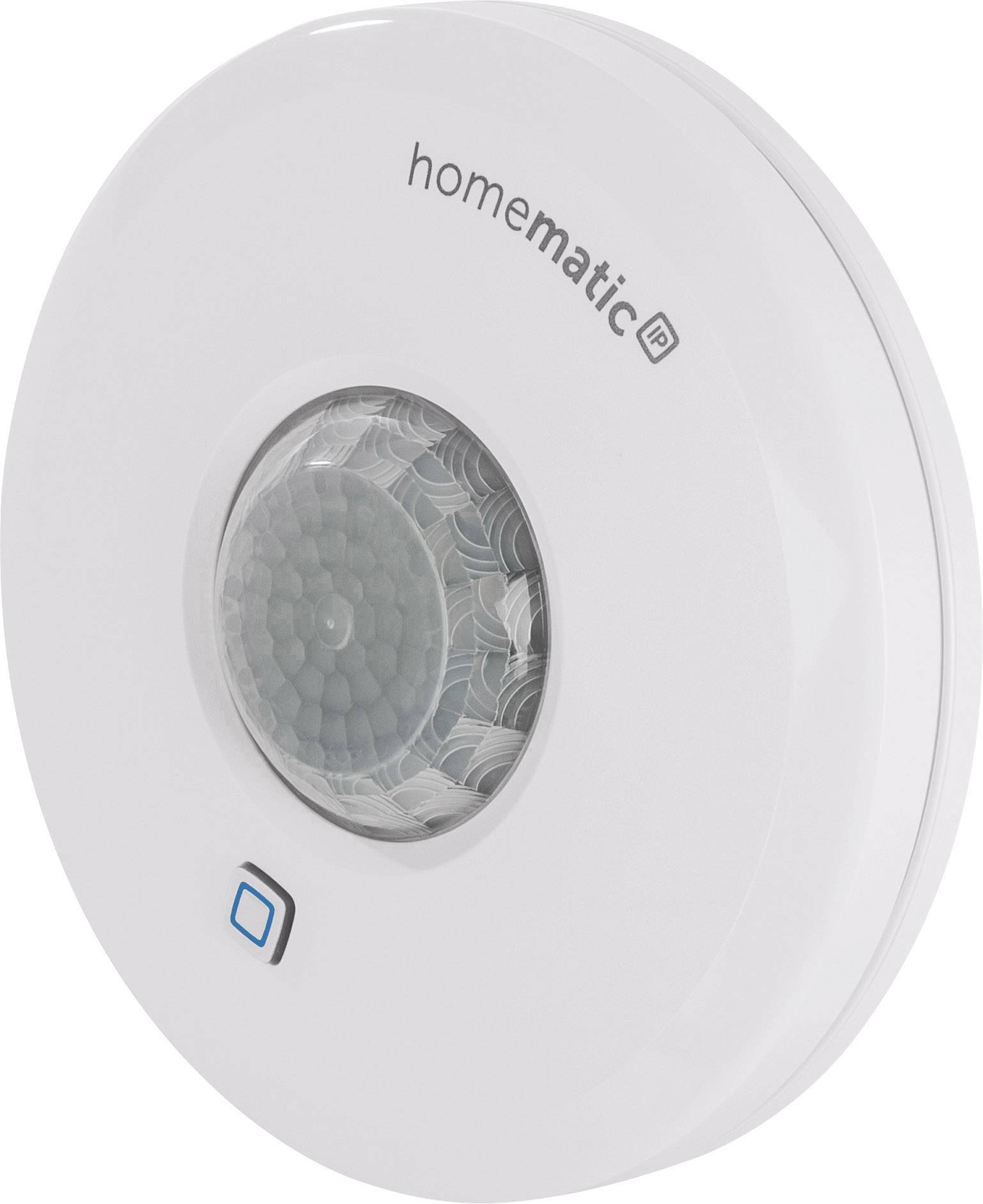 Round, white motion sensor with the inscription 'Homematic IP'. A small blue button is located beneath the sensor.