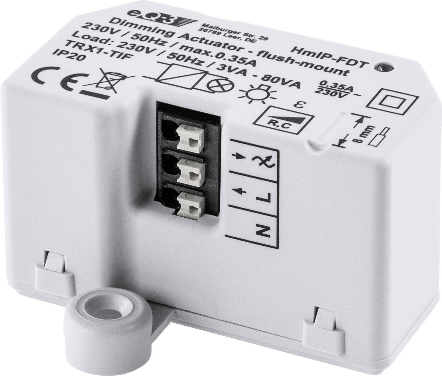 A white dimmer actuator with connection terminals and labels for 230 V, 50 Hz. Suitable for flush-mounted installation.