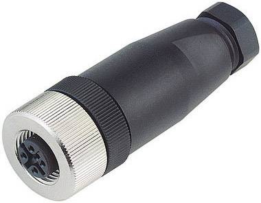 A black plug with four pins, metal ring and plastic housing, suitable for industrial applications or audio equipment.