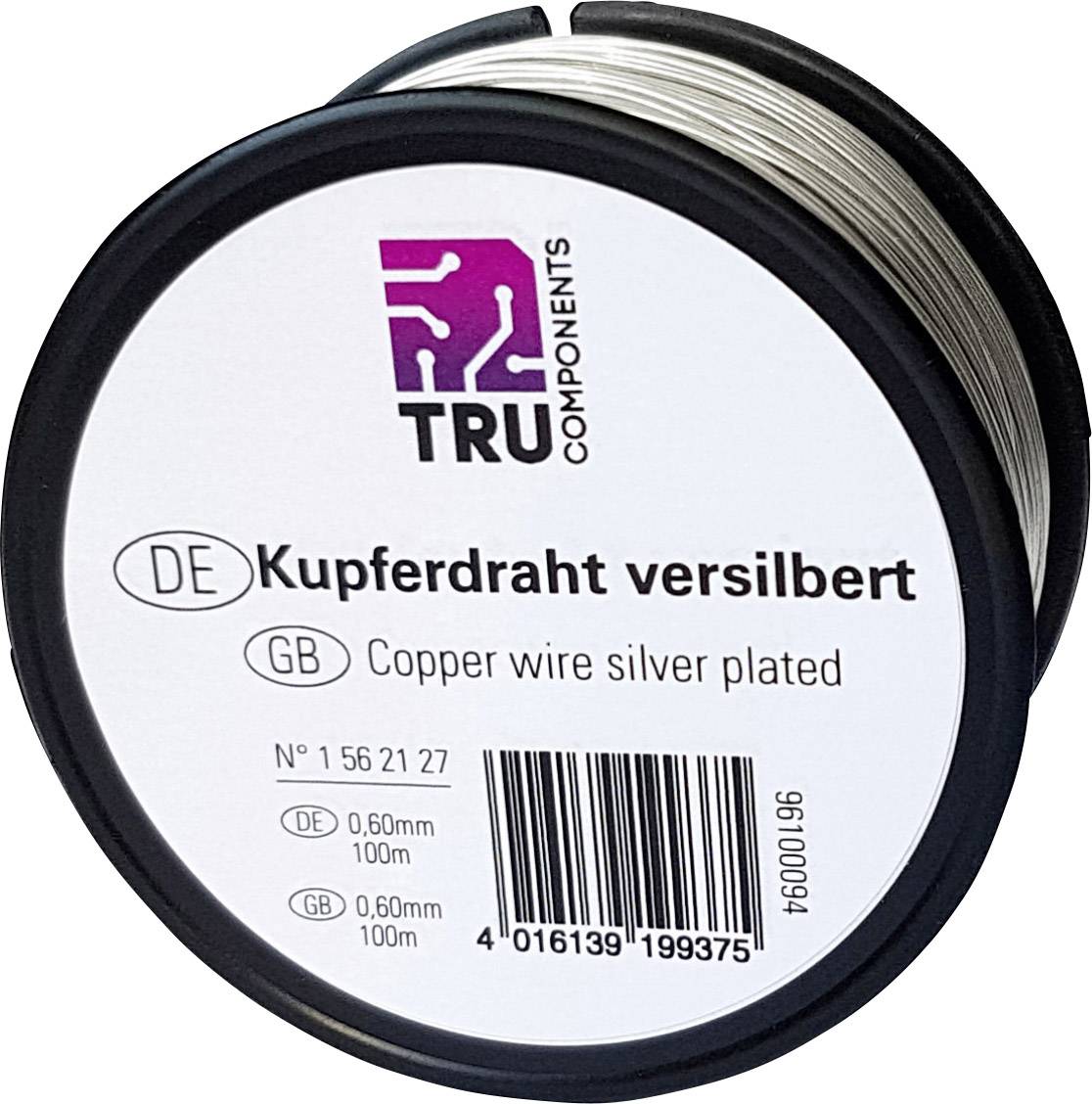 Black spool with silver-plated copper wire. Label on spool: 'Silver-plated copper wire', 0.60mm diameter, 100m length.
