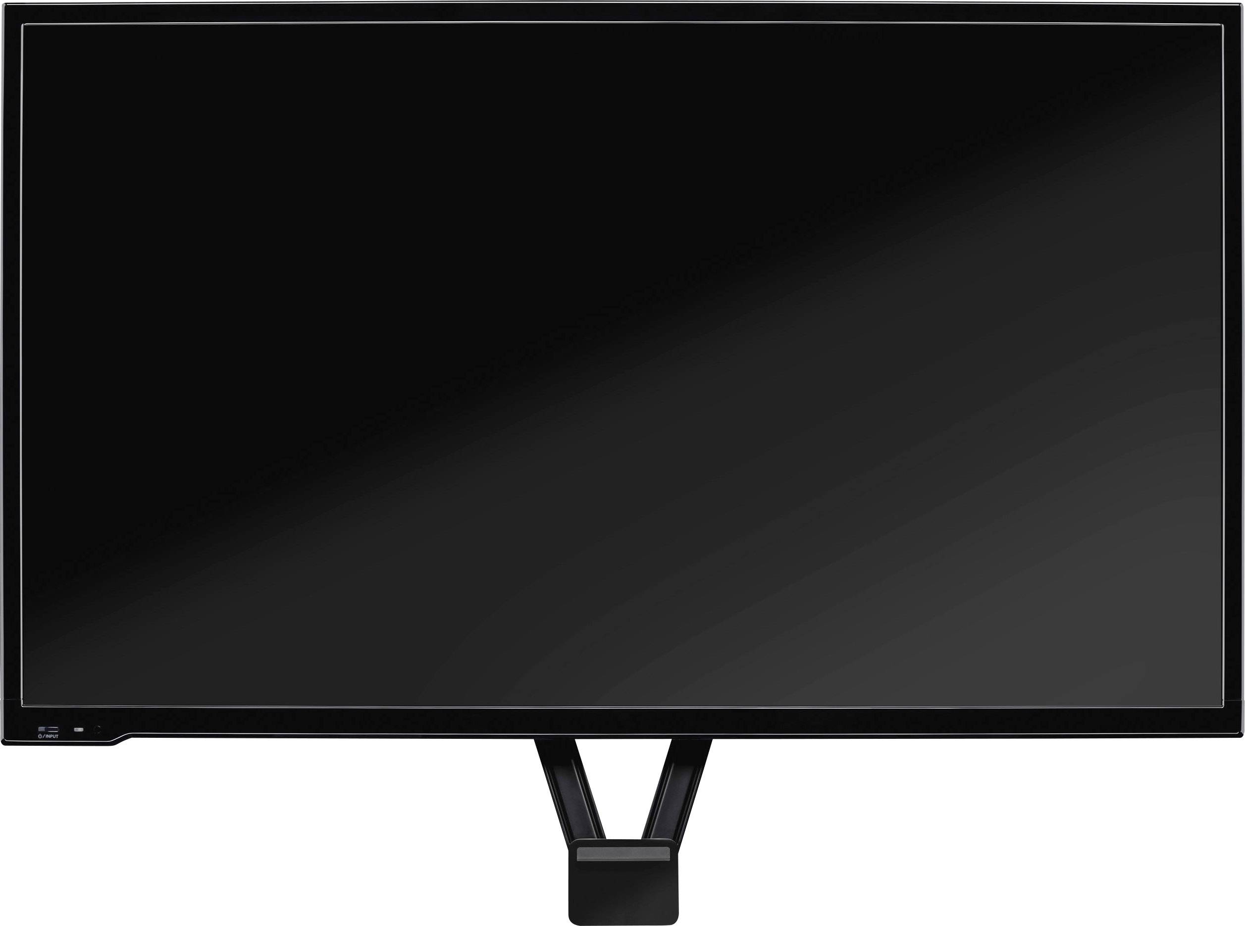 A black flat-screen monitor with a rectangular stand, set against an empty, dark background.