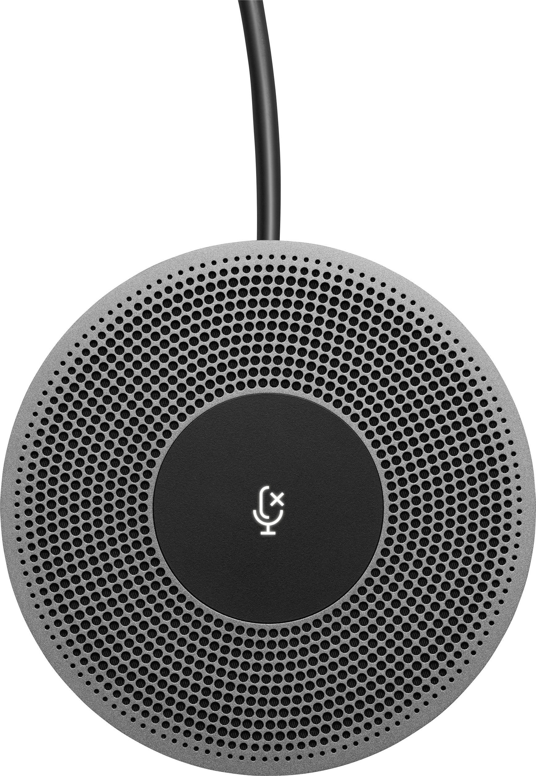 A round microphone with a deactivated symbol on the front. It is surrounded by a perforated grey grille.