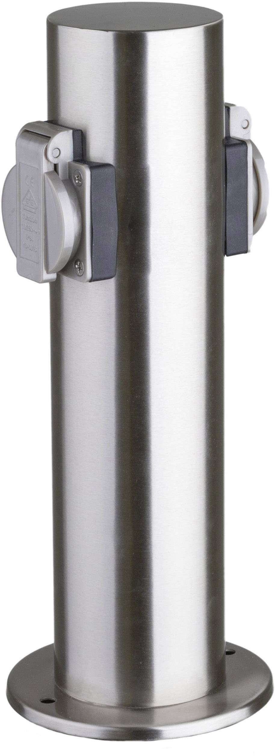 A stainless steel bollard socket with two lockable power outlets. Ideal for outdoor use to provide secure power supply.
