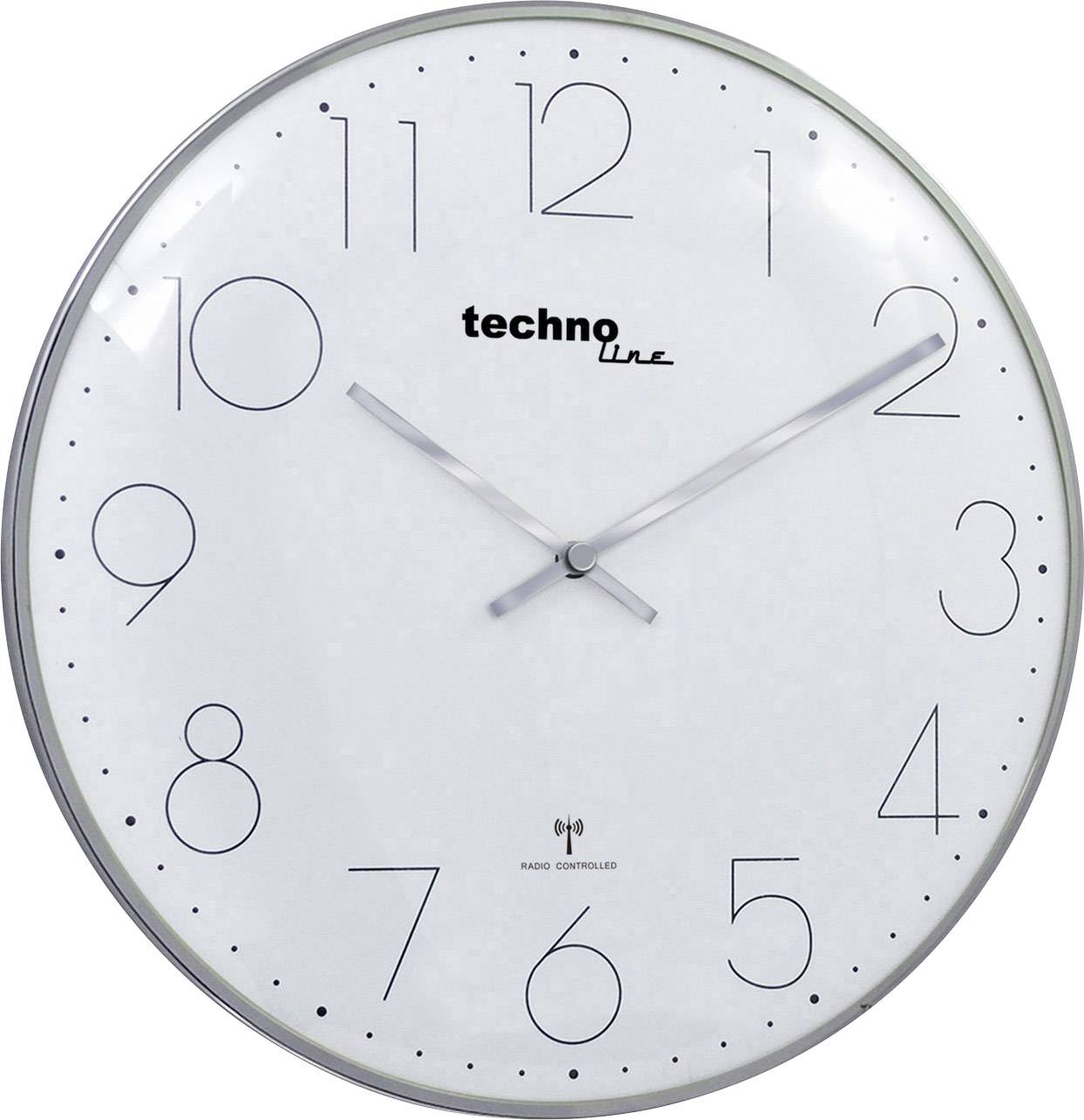 White wall clock with black numerals and silver hands at two o'clock.