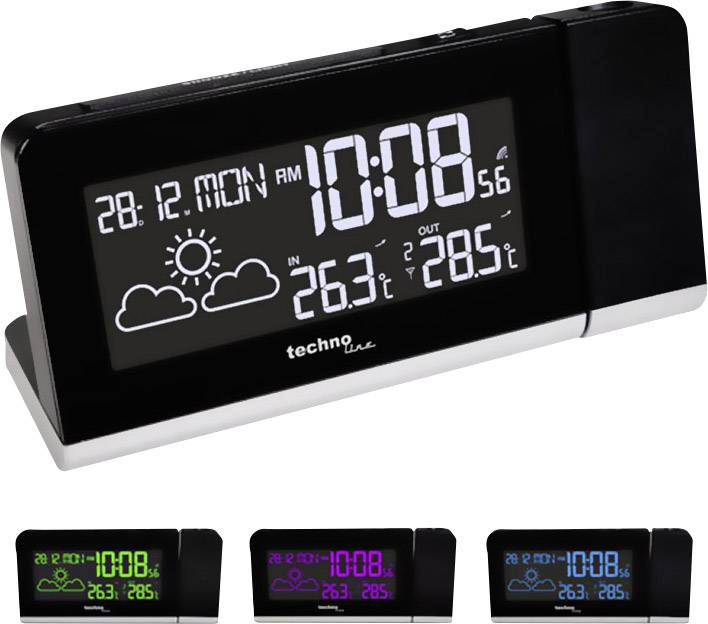 Digital alarm clock shows 28.12., Monday, 10:08. Indoor temperature 26.3°C, outdoor temperature 28.5°C. Displays weather forecast with cloud symbol.