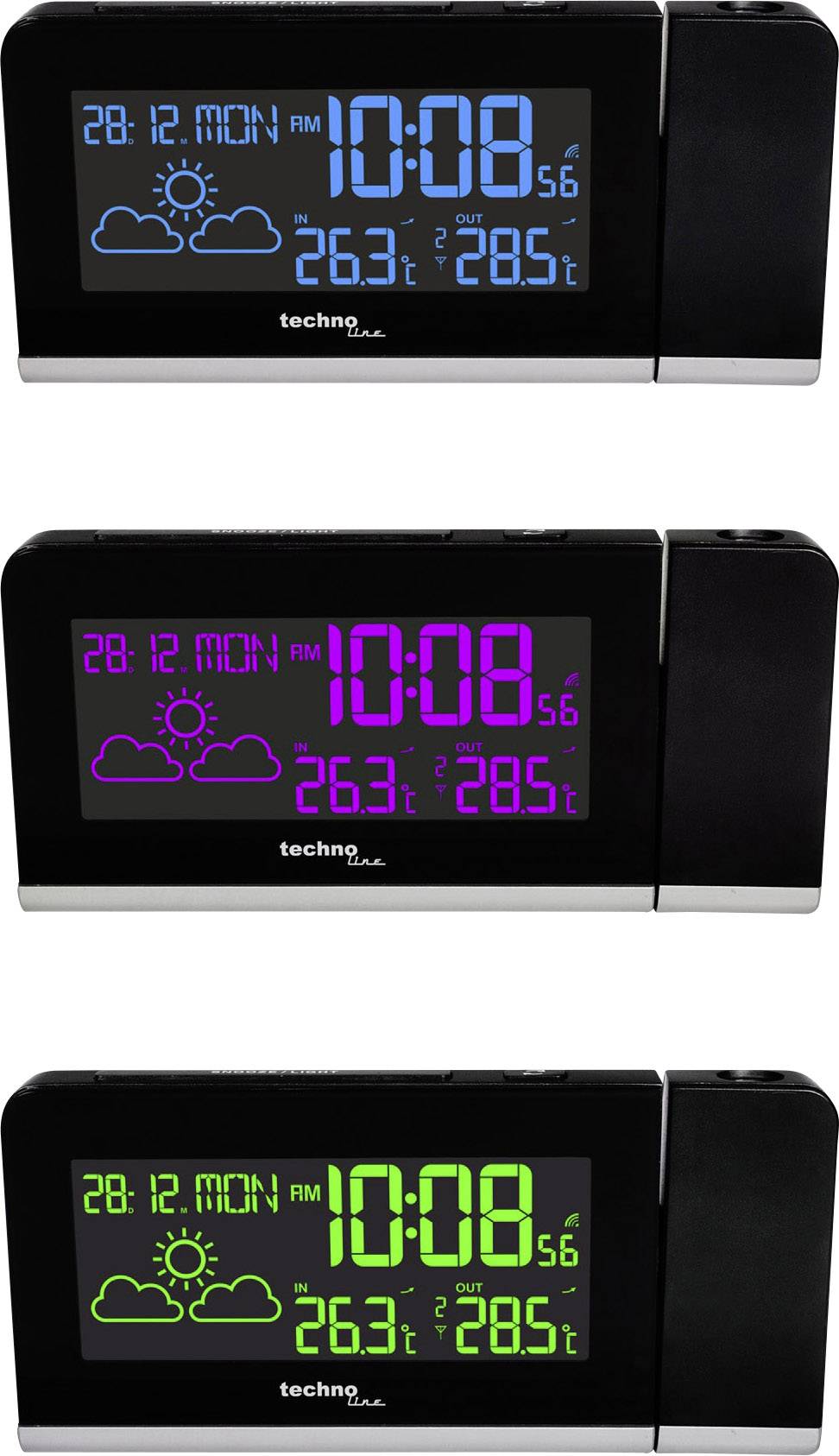 Digital alarm clock in three views: Display of date (28.12.), time (10:08), weather and temperature (26.3°C indoor, 28.5°C outdoor) in blue, magenta and green.