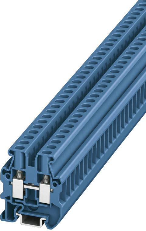Blue terminal block with multiple connection terminals, used in electrical control cabinets for connecting wires.