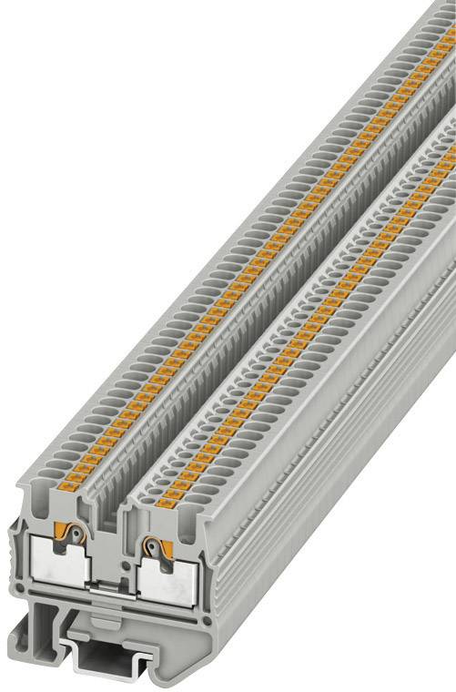 Grey two-storey terminal block with orange connection terminals, suitable for securely connecting electrical wires.