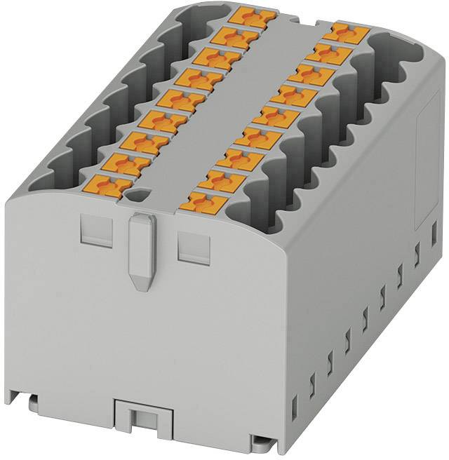Grey electrical connection module with orange terminals on top; used for organising and connecting cables in control cabinets.