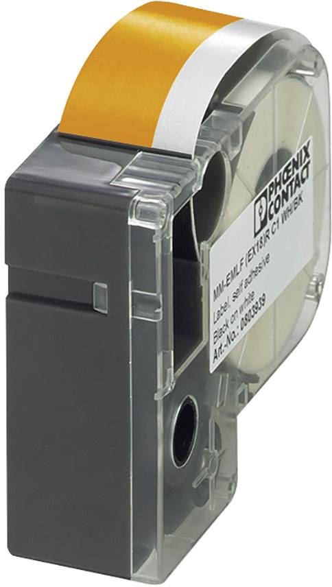 A transparent label roll with an orange and white adhesive strip, used for industrial labelling by PHOENIX CONTACT.