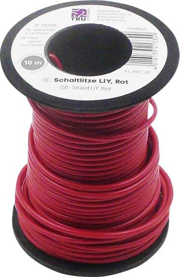 A reel of red switching wire, 10 metres in length, wound on a black plastic spool core.