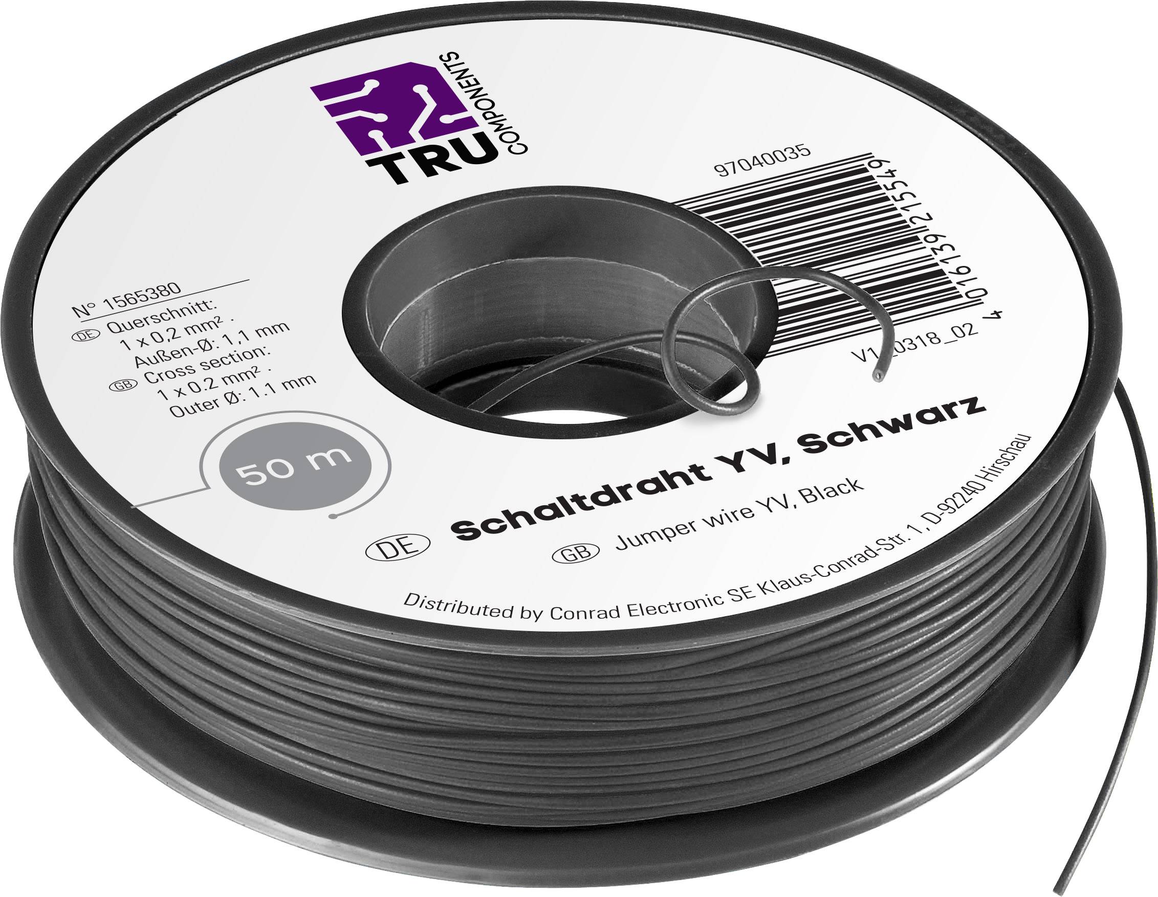 'Connection Wire YV, Black, 50 m' on a reel from Conrad. Wire diameter Ø 0.1 mm. Label with technical specifications and brand logo.