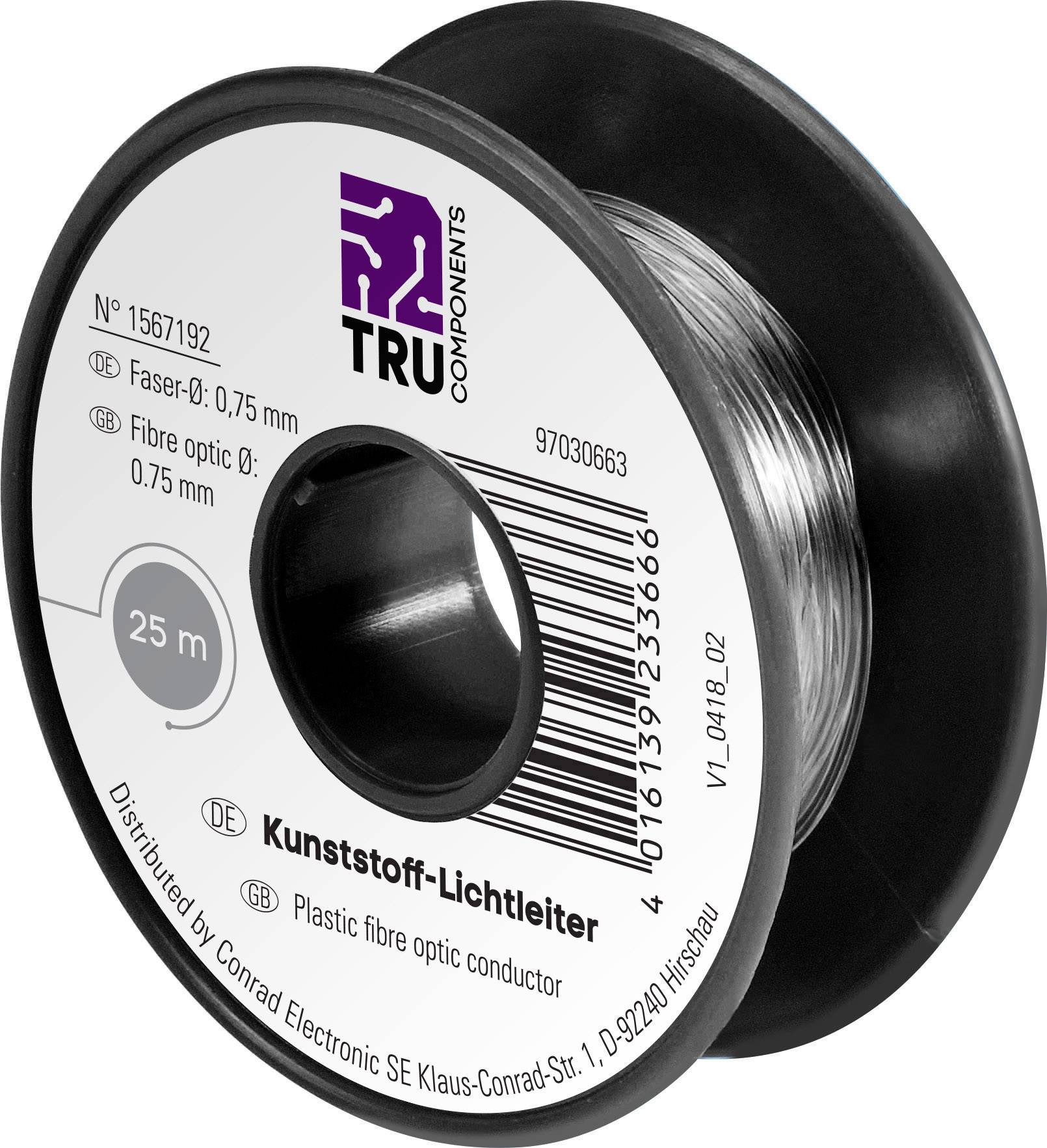 A reel of 25 metres of plastic optical fibre, 0.75 mm diameter, from TRU Components. Label shows technical details and manufacturer information.