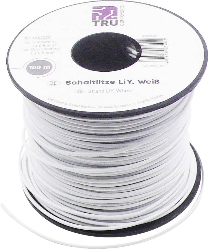 Reel of 100 metres white single-core flexible cable LiY, suitable for electronic projects. Manufacturer: TRU Components. Wire cross-section: 1.0 mm².