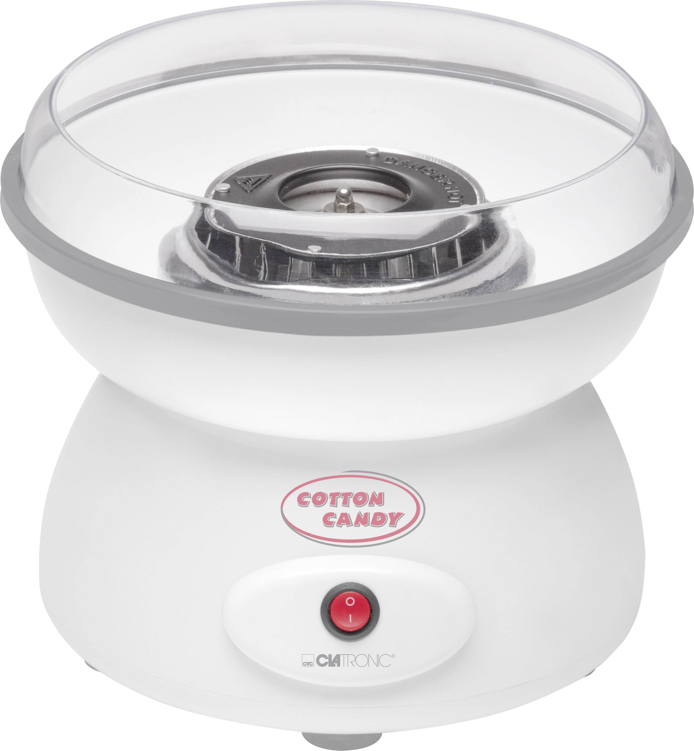 White candy floss machine with transparent lid and red switch, suitable for making candy floss.