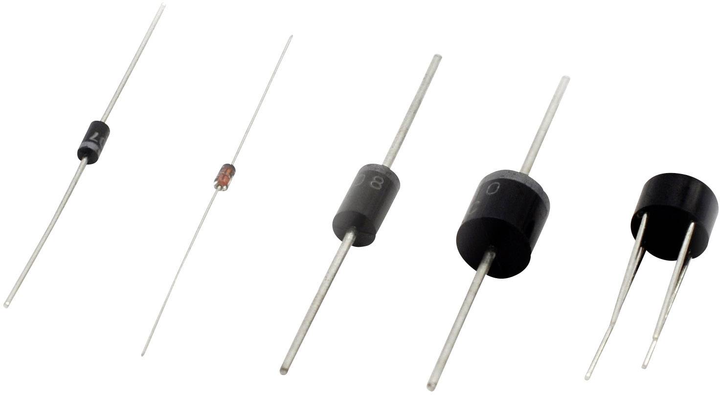 Five different diodes, including a Schottky diode, a Zener diode, and a standard rectifier diode, on a white background.
