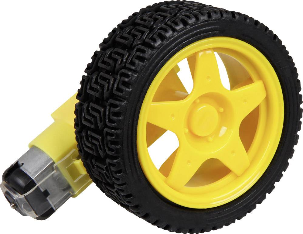 Yellow plastic wheel with black treaded tyre and integrated electric motor, suitable for small electric vehicles or robots.
