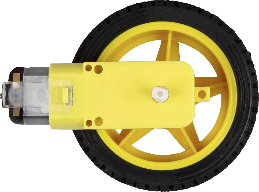 Yellow wheel with a black rubber tyre and yellow motor, shown from the side, on a white background.