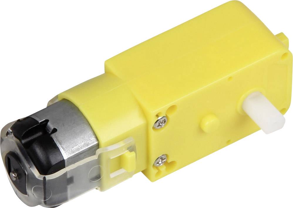 A small yellow electric motor with a black head and white shaft, suitable for model-making or DIY projects.
