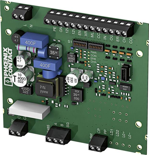 A green printed circuit board with electronic components such as capacitors, resistors, and terminal blocks by Phoenix Contact.