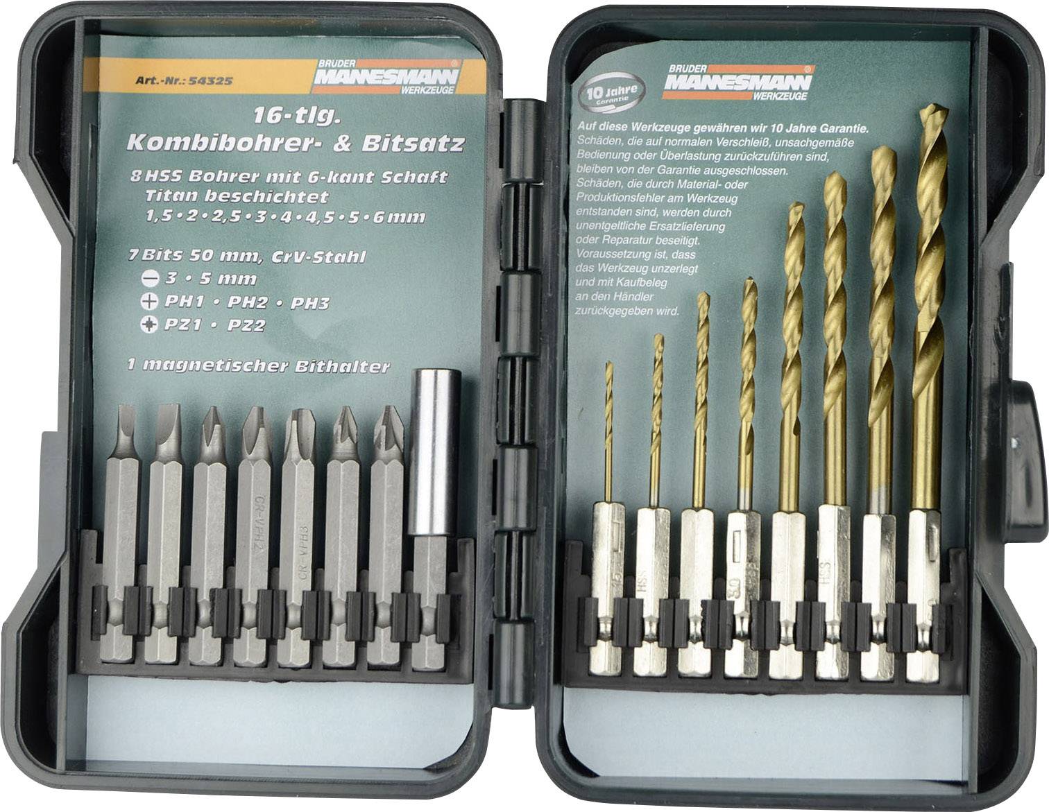 Opened tool case with 16-piece combination drill and bit set, including HSS drill bits, magnetic bit holder, and guarantee details.