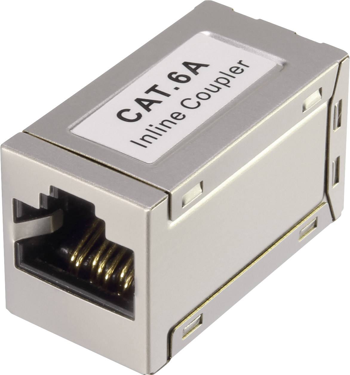 'CAT 6A Inline Coupler', metal housing, connects two Ethernet cables to extend network range.