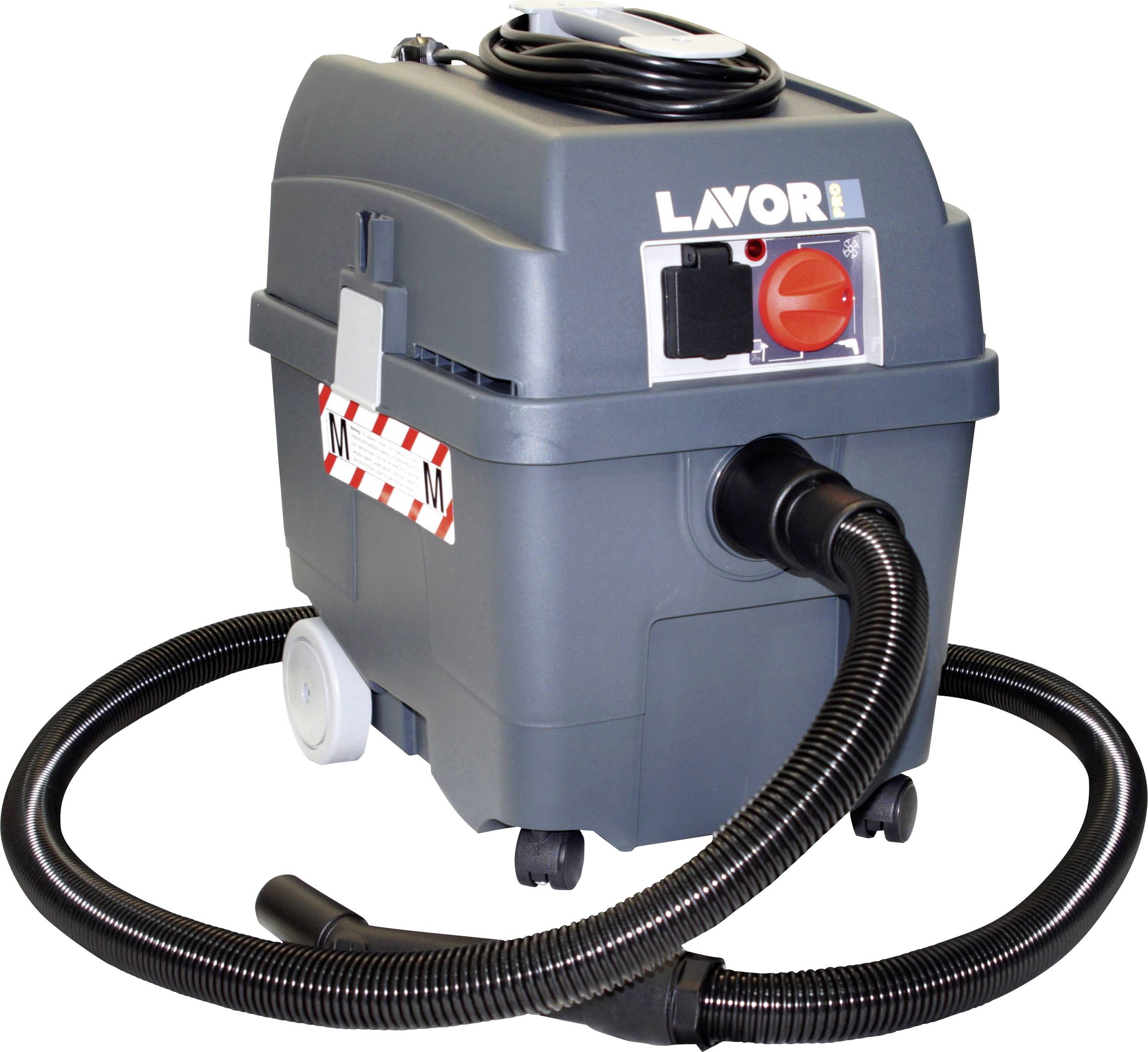 A grey industrial vacuum cleaner with two wheels and a black hose, suitable for professional cleaning.