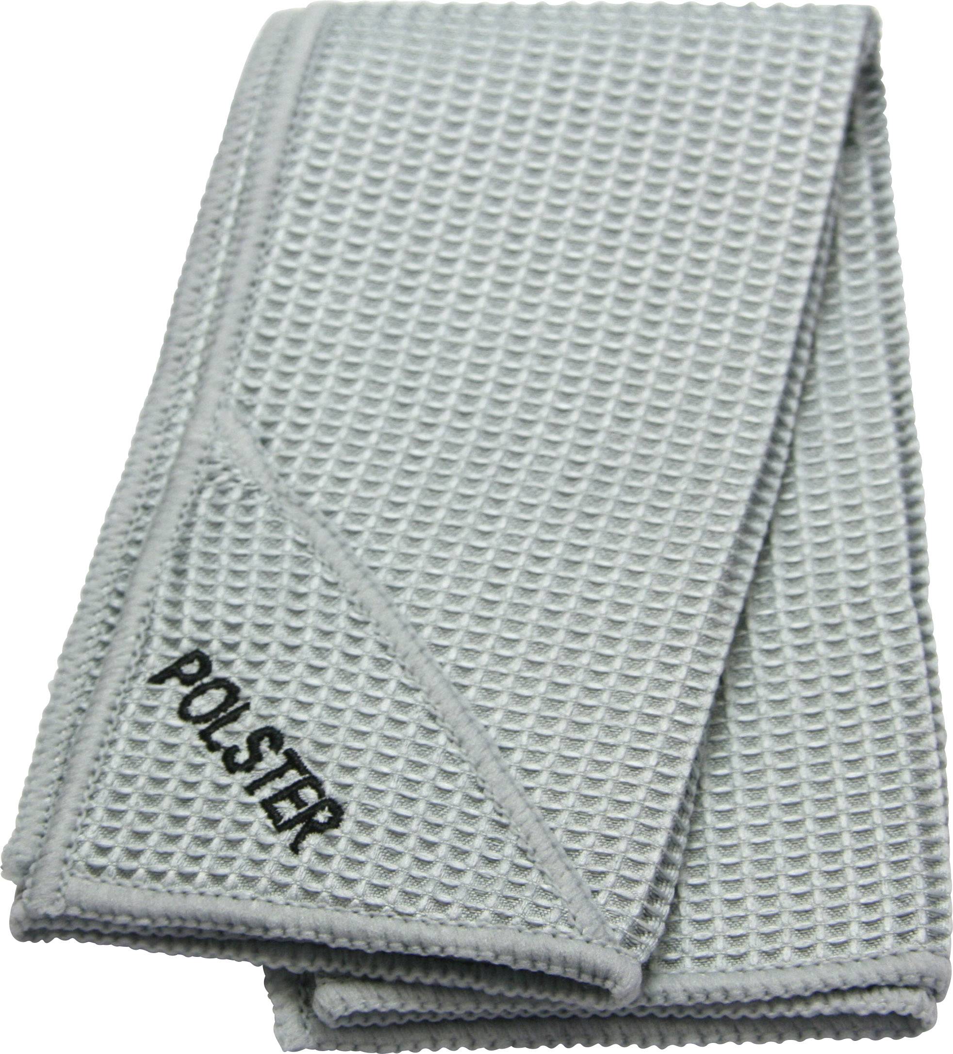 A grey cleaning cloth made of waffle-like fabric with the word 'POLSTER' printed in black script in the corner.