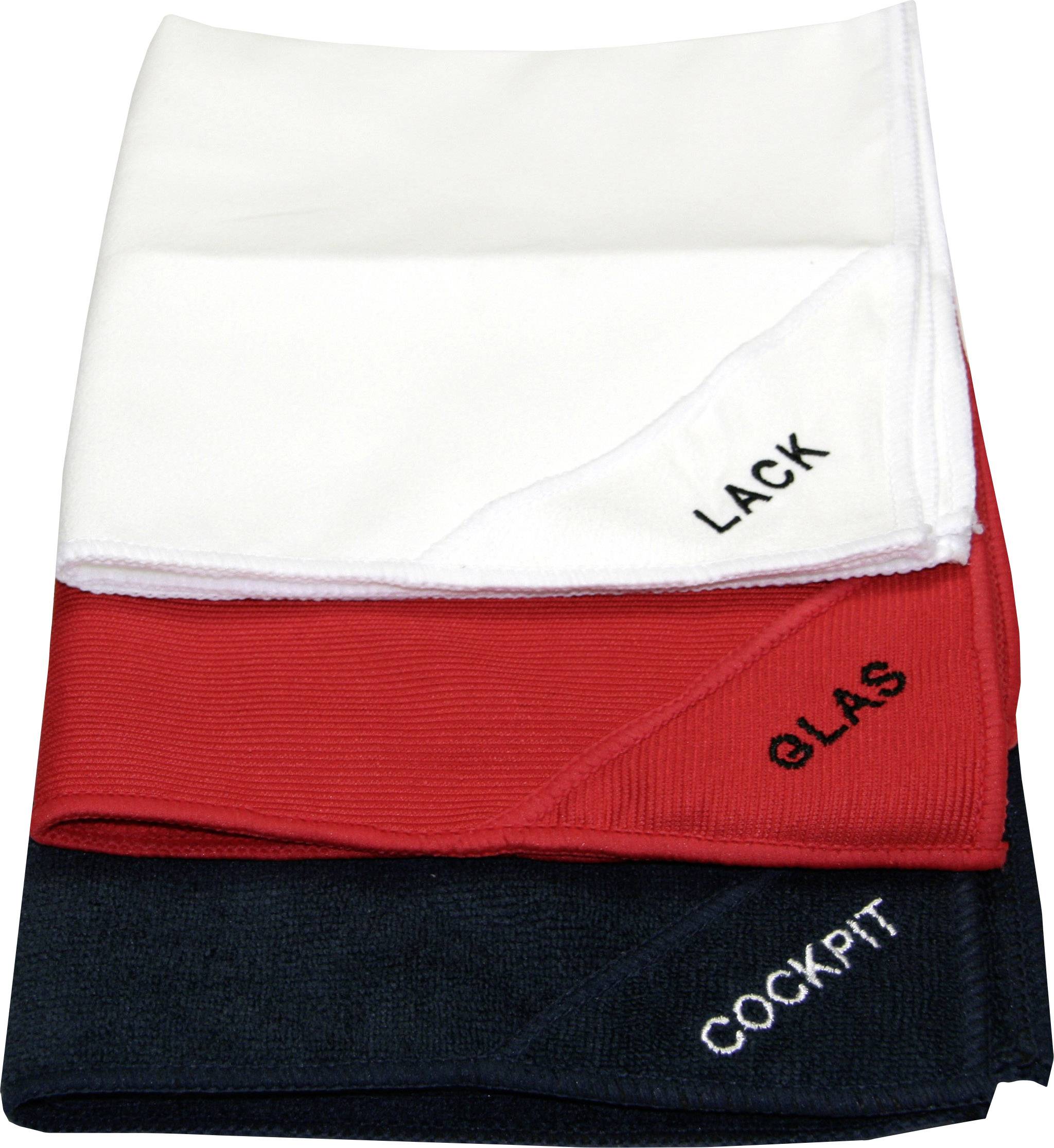 Three folded microfibre cloths in white, red and black, each with the labels 'SURFACE', 'GLASS' and 'DASHBOARD'.