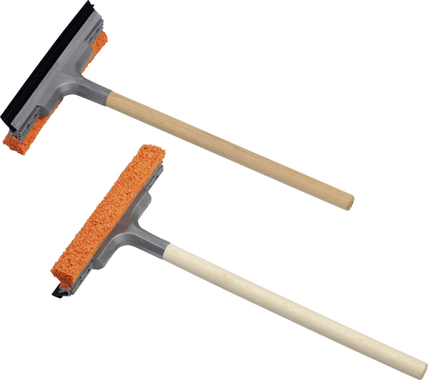 Two floor mops with wooden handles and orange sponges, lying side by side, display different designs.
