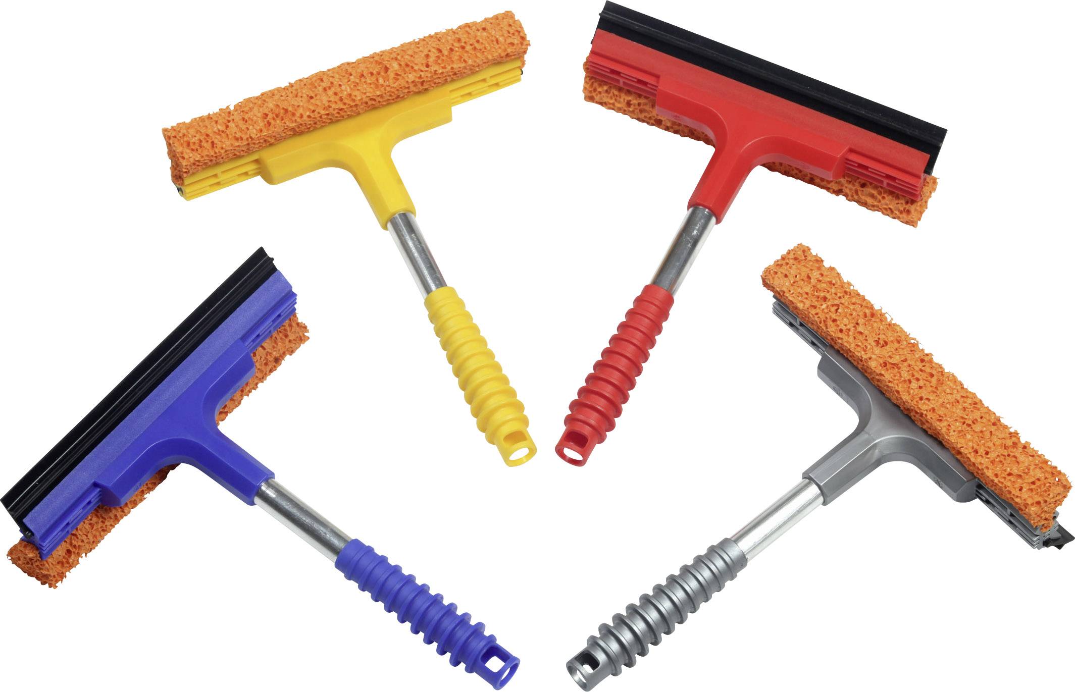 Four window squeegees in different colours (blue, yellow, red, grey), each with a rubber lip and sponge attachment.