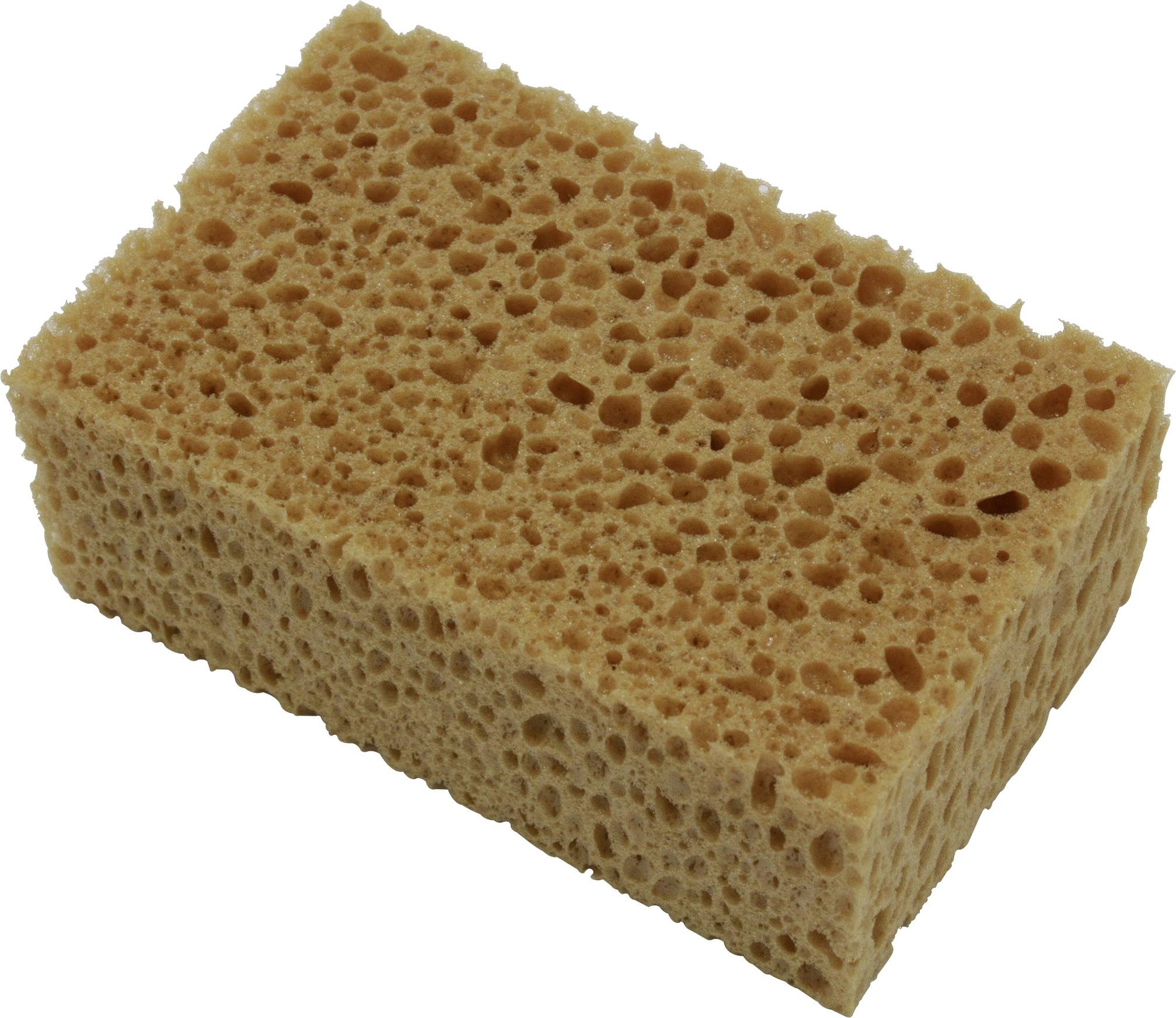 Brown cleaning sponge with an open-pore structure, rectangular. Primarily used for cleaning surfaces.