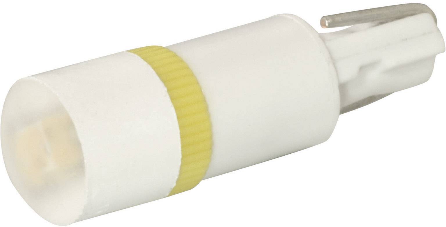 A white LED light block with a yellow ring in the centre and two metal pins for electrical connection.