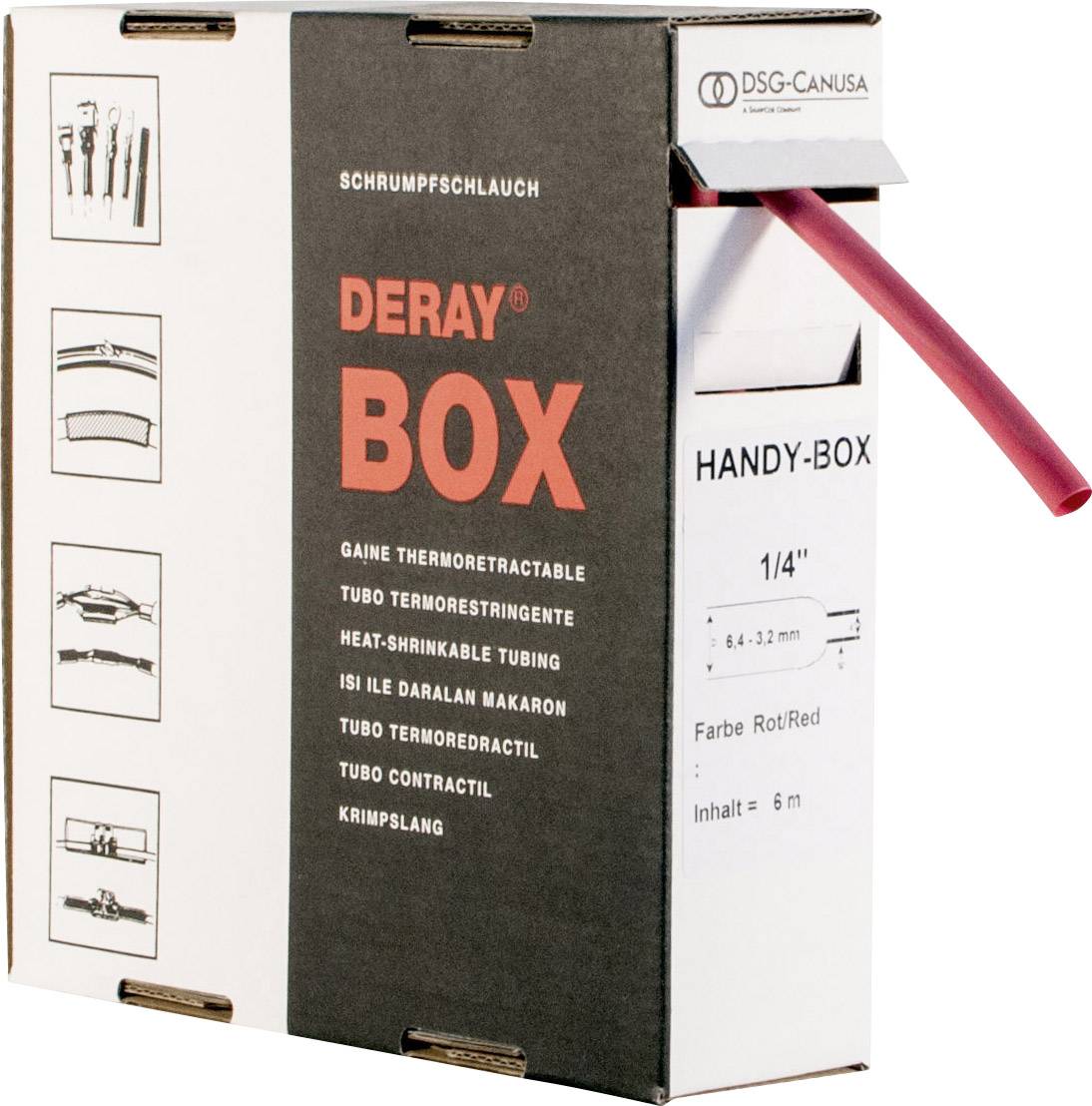 Box of heat-shrink tubing by the brand 'DERAY BOX' with red tubing, labelled in multiple languages, marked with 'HANDY-BOX'.