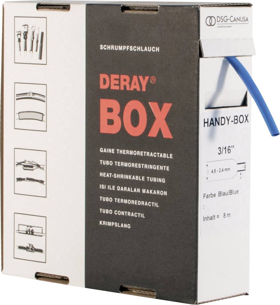 A packaging with the inscription 'DERAY BOX' for heat shrink tubing, blue, 3/16 inch, 8 metres. Multilingual descriptions available.