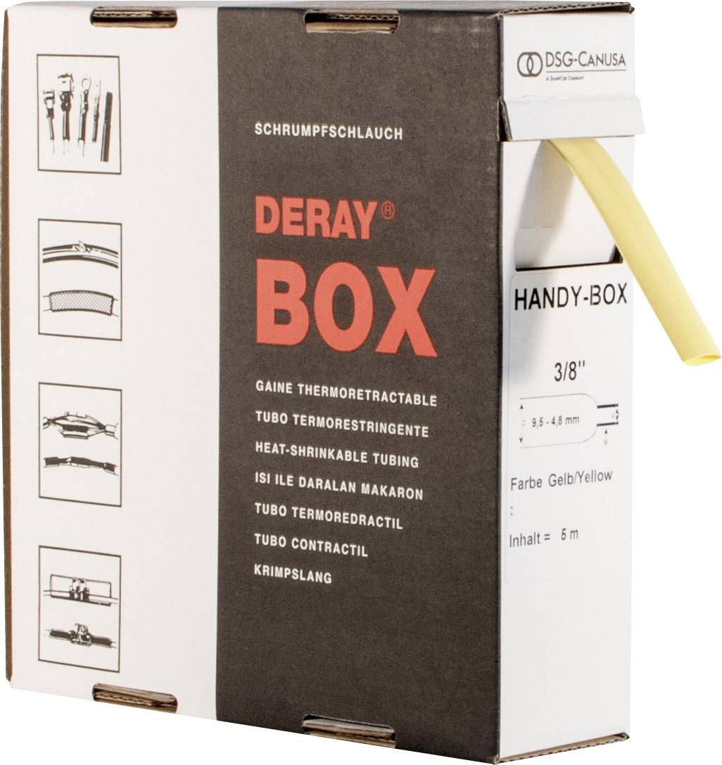 A packaged roll of heat shrink tubing, labelled as 'DERAY BOX'. Colour Yellow, 3/8