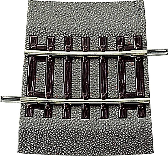 A short piece of model railway track with two parallel metal rails and several sleepers on a grey, textured base.