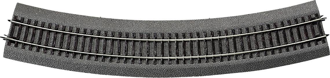 Curved model railway track on a grey base.